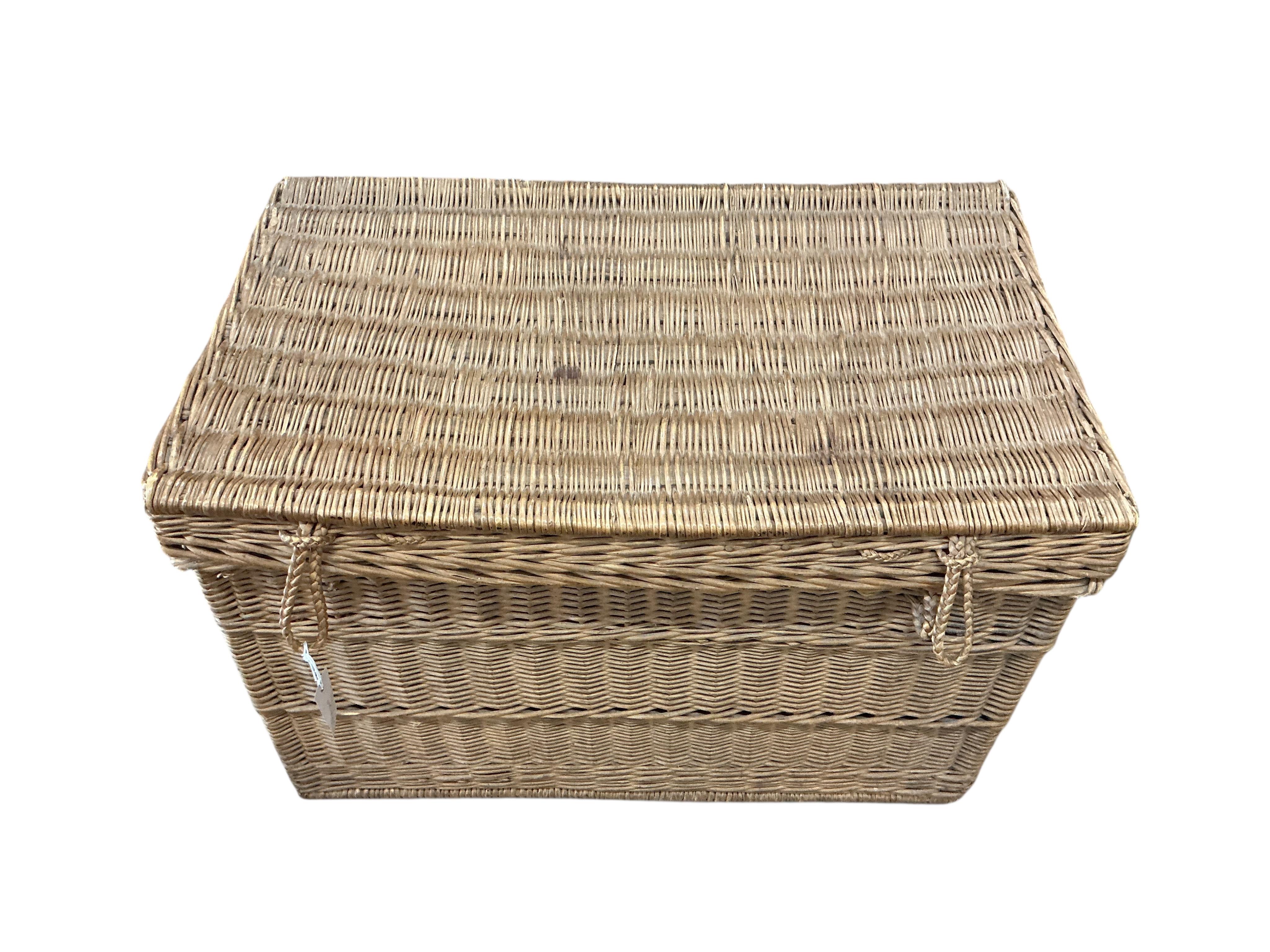 A vintage wicker laundry hamper, width 84cm, depth 52cm, height 56cm